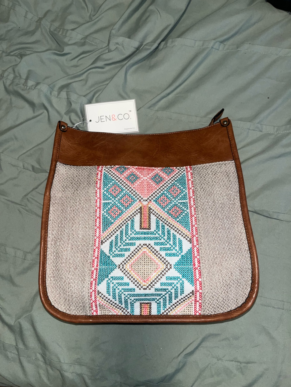Brown Trim Embroidered Shoulder Bag with Teal Accents